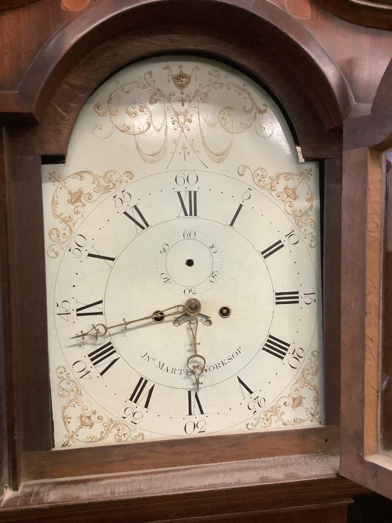 Jno Martin of Worksop. An early 19th century inlaid mahogany eight day longcase clock, with painted dial, height 222cm